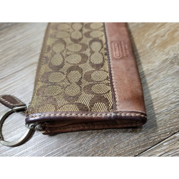 Coach Brown Signature Canvas Leather Trim Women Card Holder Wallet Keyring Zip - Picture 7 of 9
